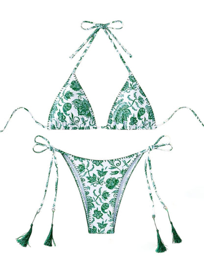 SHE fehér zöld mintás bojttos bikini