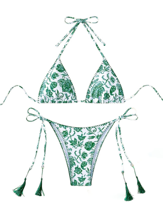 SHE fehér zöld mintás bojttos bikini