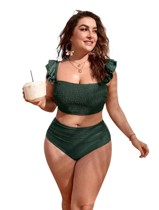SHE sötétzöld smockolt fodros pántú bikini