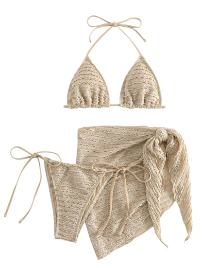 SHE bézs texturált háromrészes bikini szett