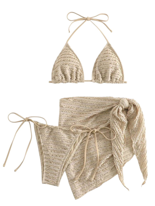 SHE bézs texturált háromrészes bikini szett