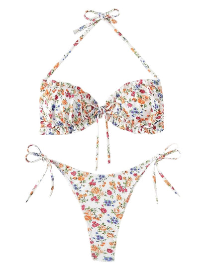 SHE fehér virágmintás bordázott bandeau bikini