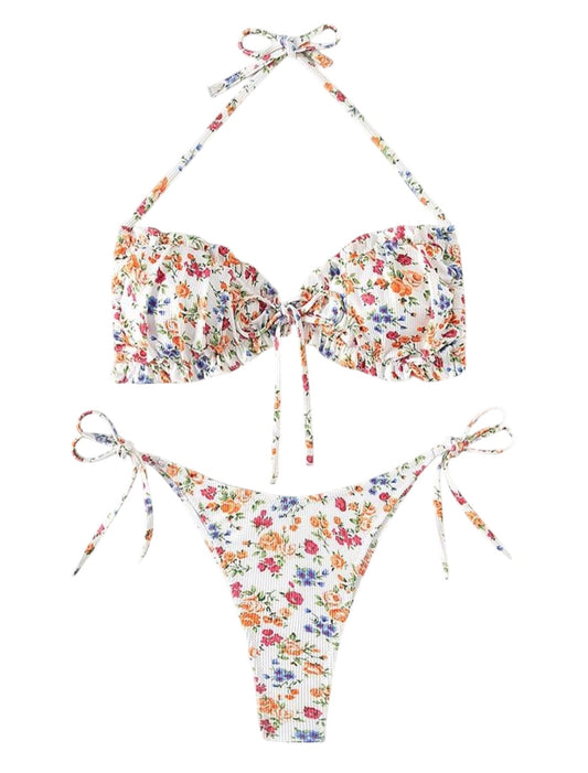 SHE fehér virágmintás bordázott bandeau bikini