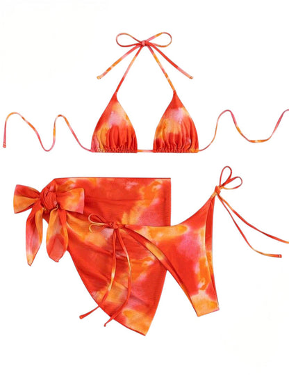 SHE narancs-rózsaszín batikolt háromrészes bikini szett
