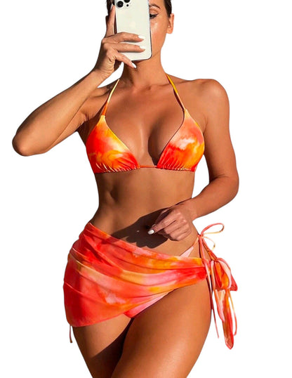 SHE narancs-rózsaszín batikolt háromrészes bikini szett