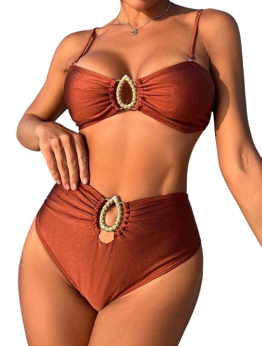 SHE barna fém díszes magas derekú bikini