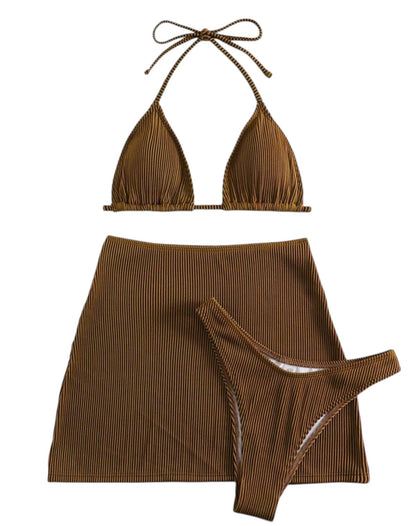 SHE barna bordázott háromrészes bikini szett