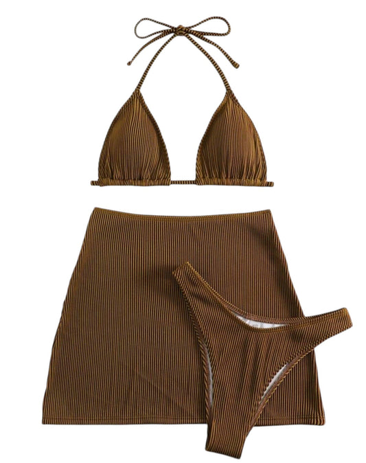 SHE barna bordázott háromrészes bikini szett
