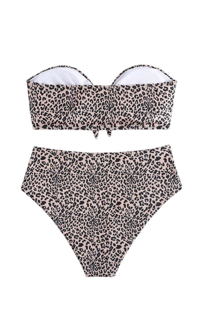 SHE bézs párducmintás pántnélküli magas derekú bikini