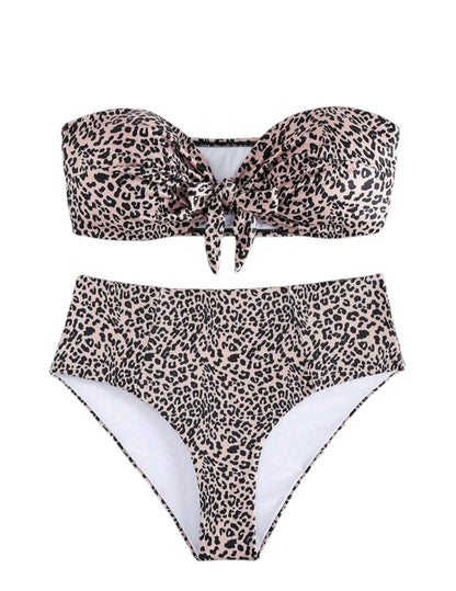 SHE bézs párducmintás pántnélküli magas derekú bikini
