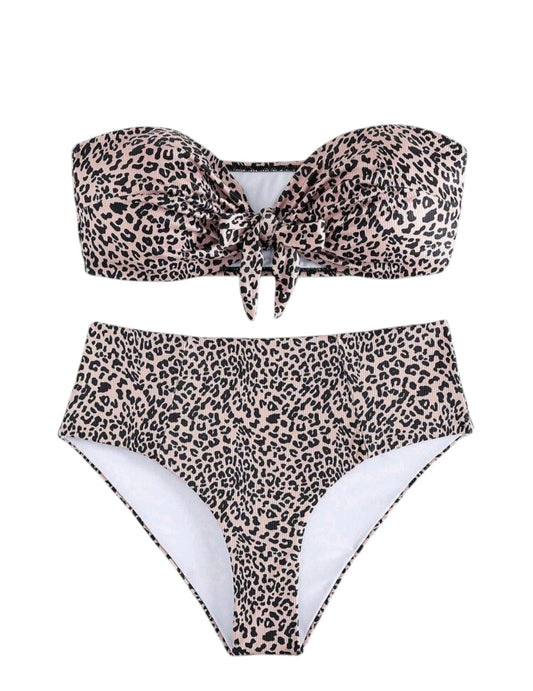 SHE bézs párducmintás pántnélküli magas derekú bikini