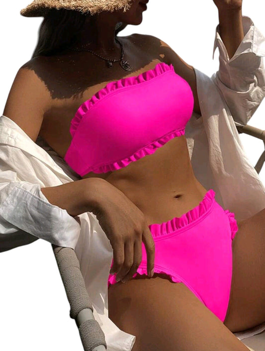 SHE pink fodros pántnélküli bikini