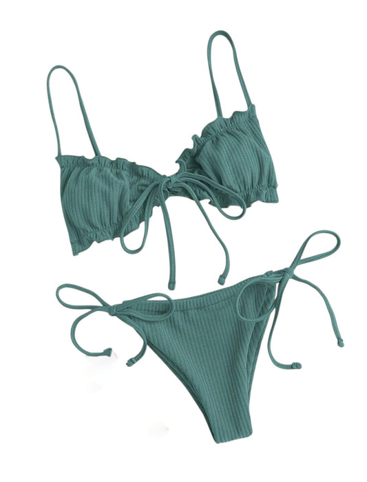 SHE zöldeskék bordázott fodros kötős bikini