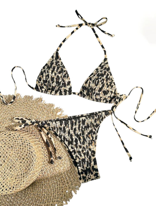 SHE fekete-bézs párducmintás texturált kötős bikini