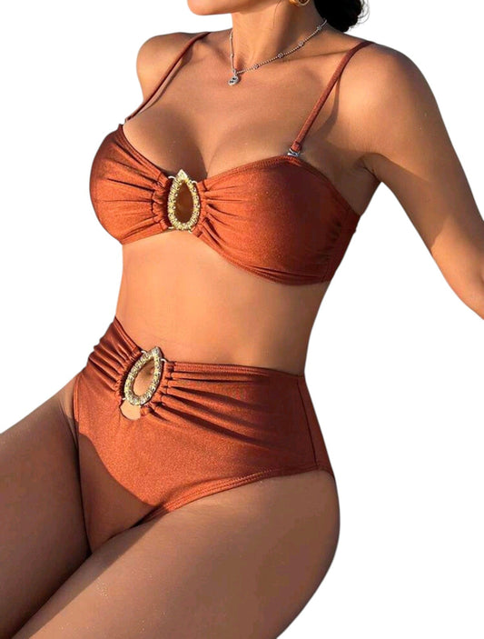 SHE barna fém díszes magas derekú bikini