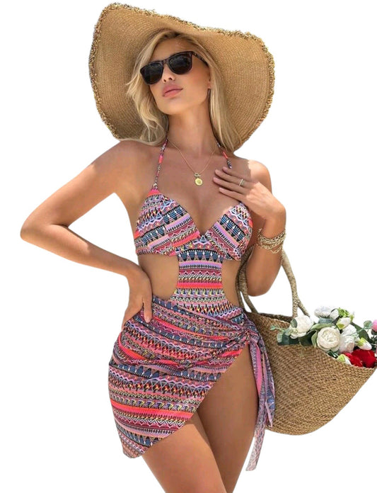 SHE többszínű azték mintás kivágott monokini és pareo szett