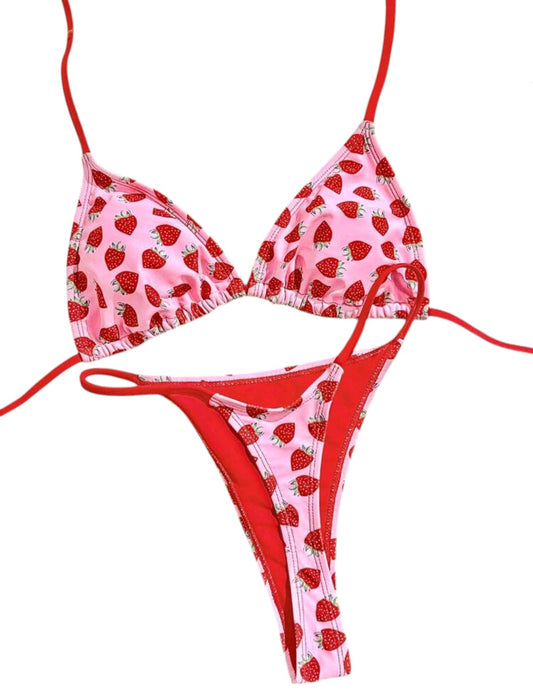 SHE rózsaszín epres piros pántos bikini