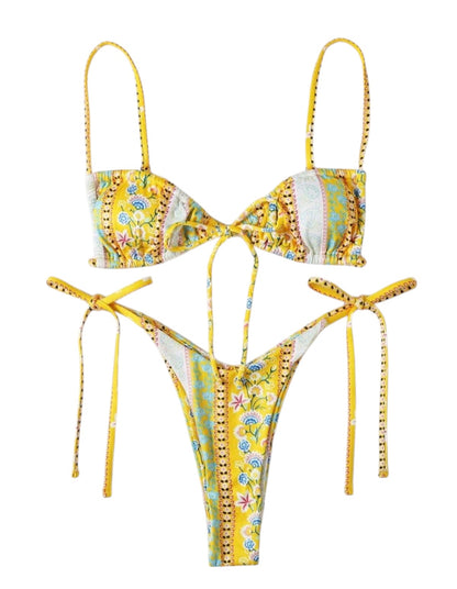 SHE sárga virágos-csíkos kötős bikini