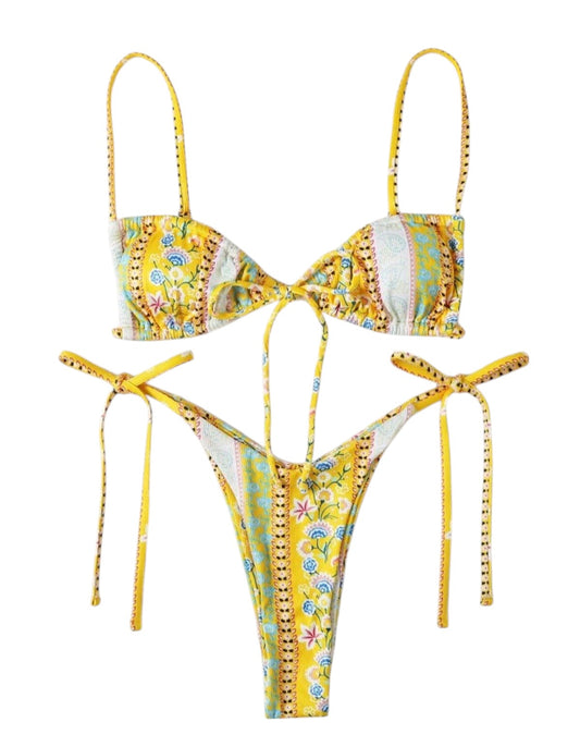 SHE sárga virágos-csíkos kötős bikini