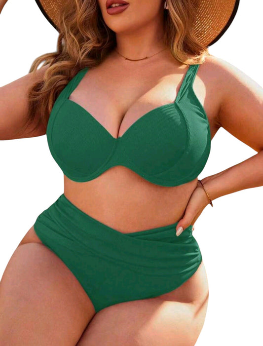 SHE zöld bordázott merevítős magas derekú bikini
