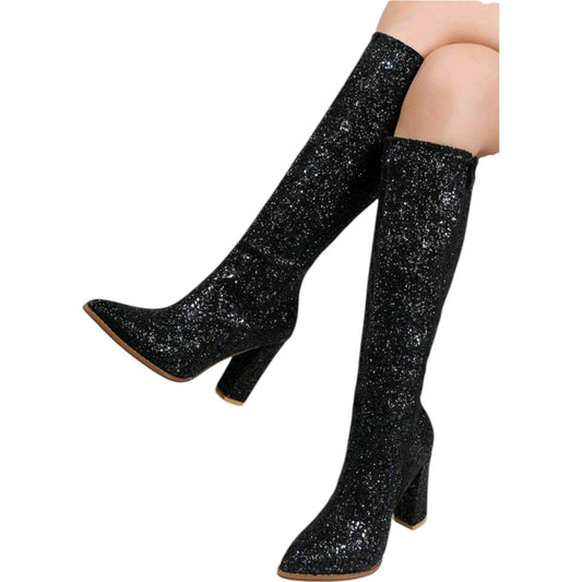 SHE fekete glitter térdcsizma