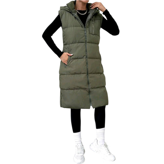 SHE khaki hosszú steppelt mellény