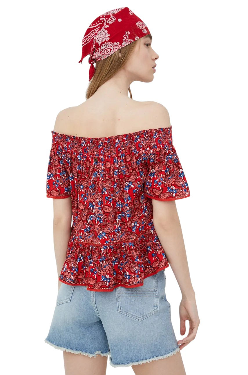SUPERDRY piros paisley mintás váll nélküli peplum blúz