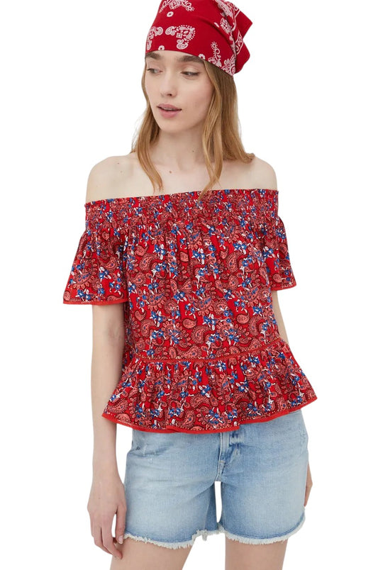 SUPERDRY piros paisley mintás váll nélküli peplum blúz