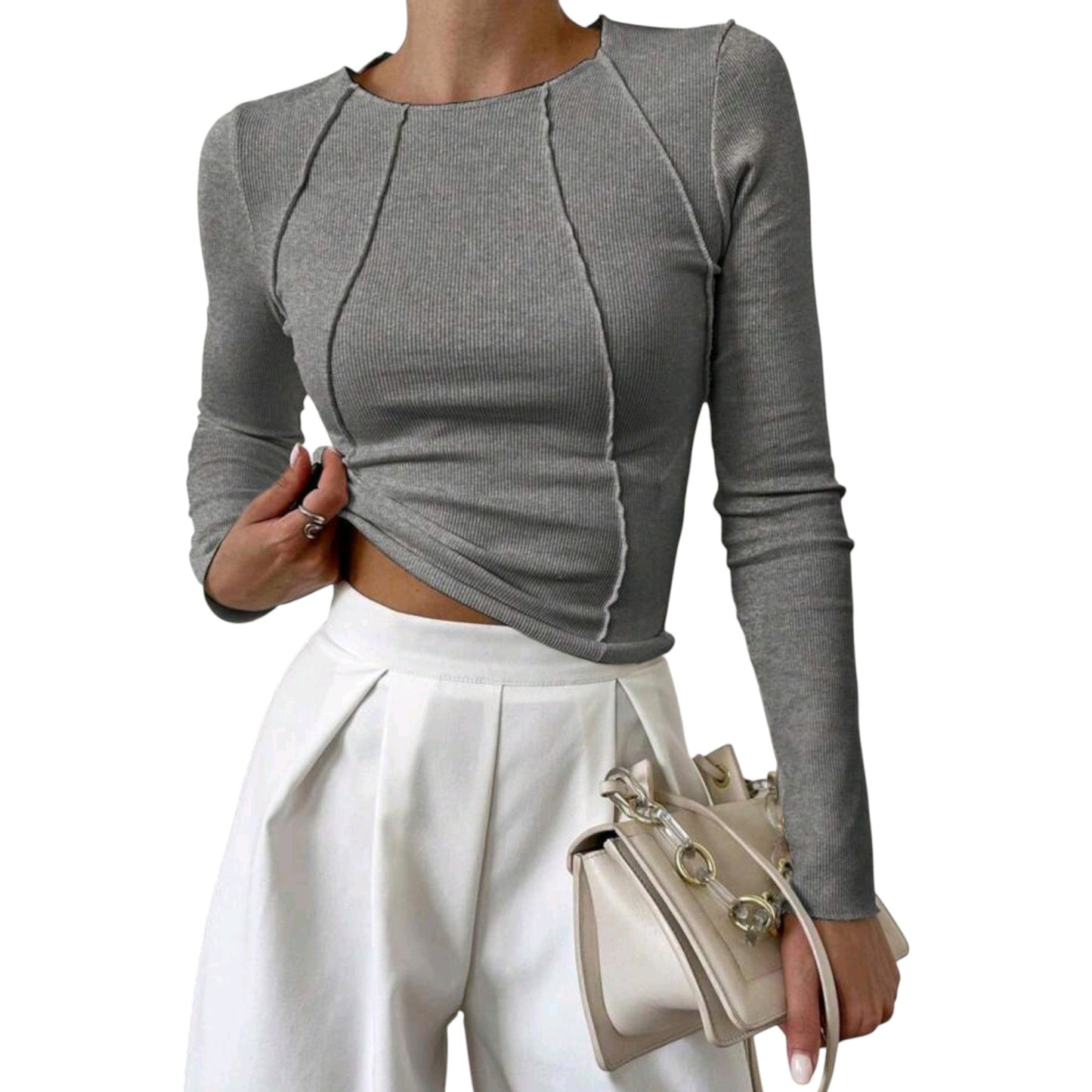 SHE szürke bordázott hosszú ujjú crop top