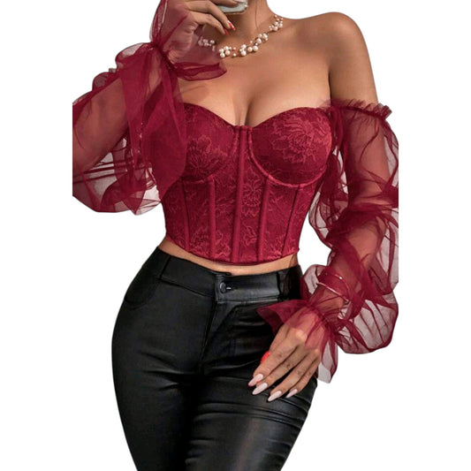 SHE bordó csipkés, pánt nélküli crop top áttetsző ujjakkal