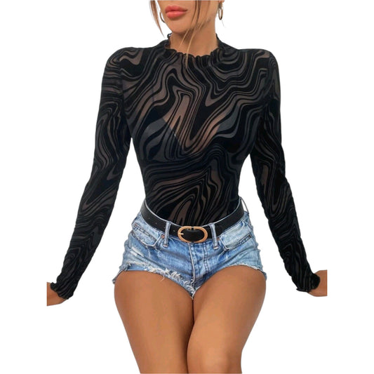 SHE fekete mintás hosszú ujjú body