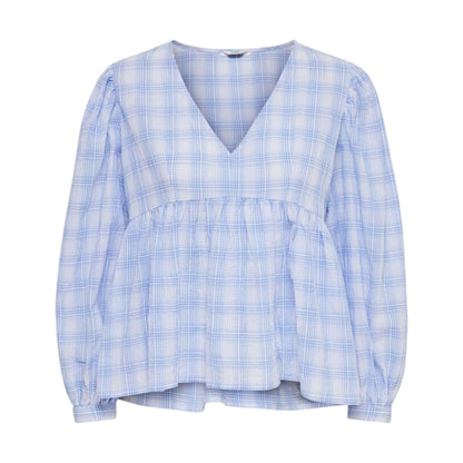ONLY világoskék kockás V-nyakú peplum top