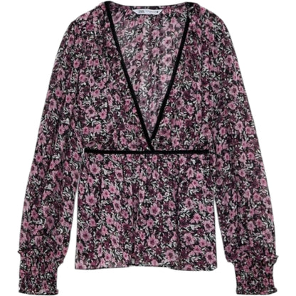ZARA lila virágmintás V-nyakú peplum blúz