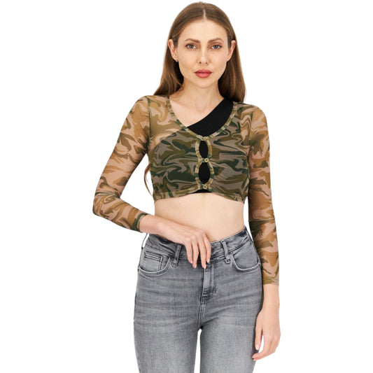 JENNIFER zöld camo mintás gombos crop felső