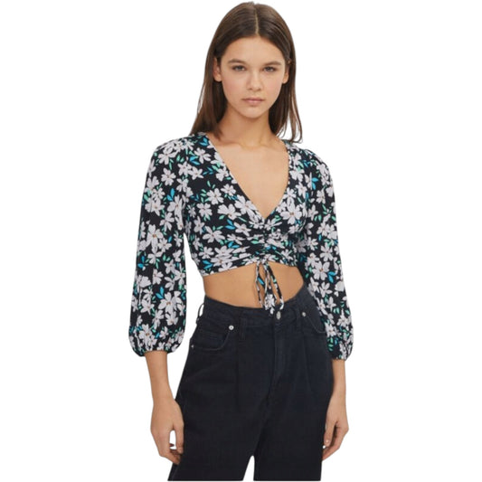 BERSHKA fekete virágmintás ráncolt crop felső