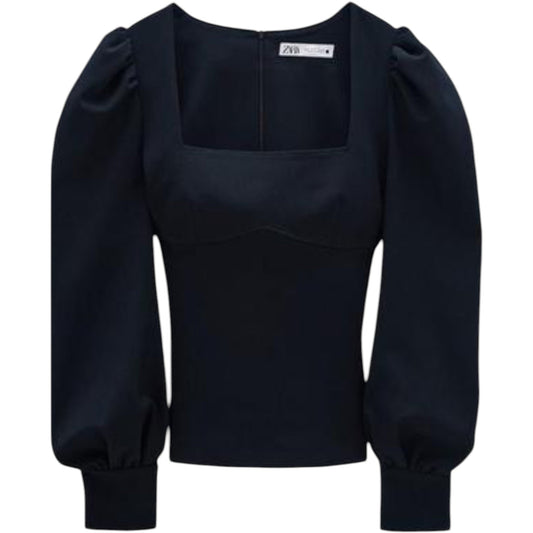 ZARA fekete puffos ujjú szögletes nyakú crop felső