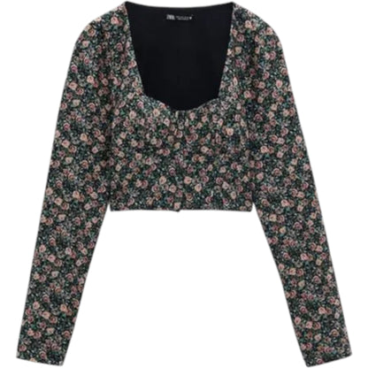 ZARA zöld virágmintás hosszú ujjú crop top