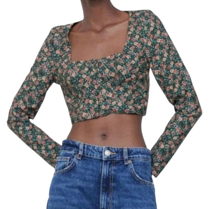 ZARA zöld virágmintás hosszú ujjú crop top