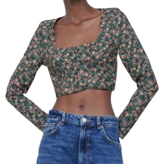 ZARA zöld virágmintás hosszú ujjú crop top