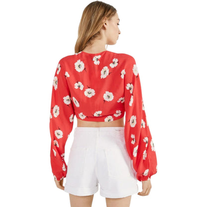 BERSHKA piros virágos hosszú ujjú crop top