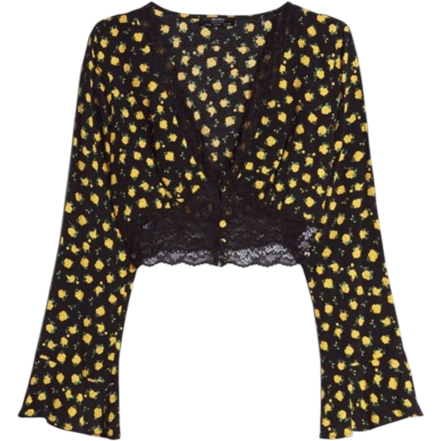 BERSHKA fekete virágos csipkés hosszú ujjú megkötős crop top