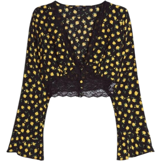 BERSHKA fekete virágos csipkés hosszú ujjú megkötős crop top