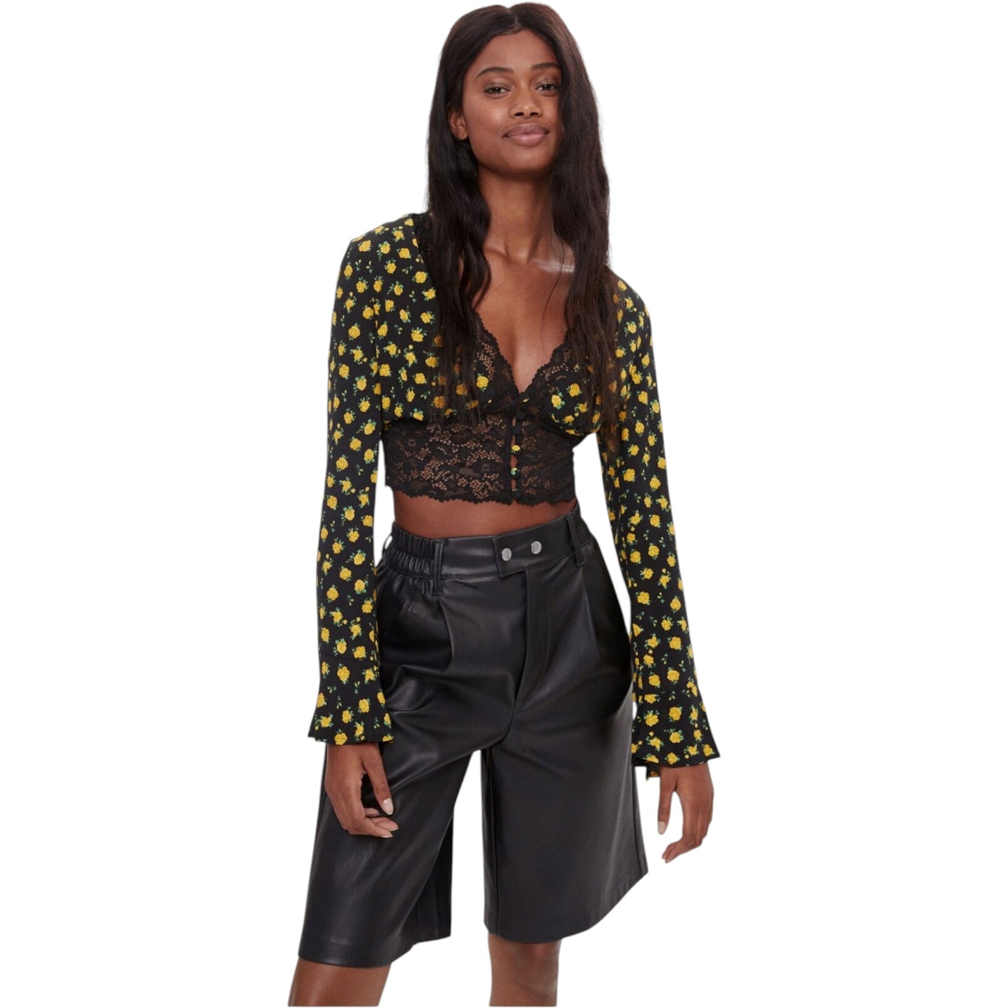 BERSHKA fekete virágos csipkés hosszú ujjú megkötős crop top