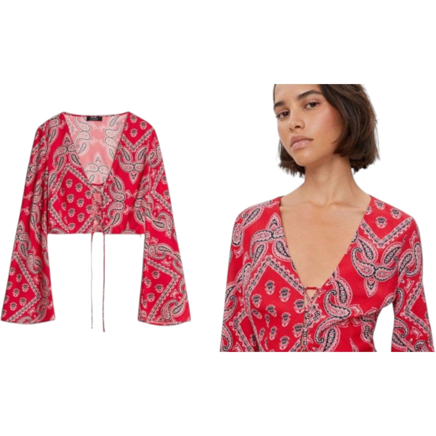 BERSHKA piros bandanna mintás megkötős crop top