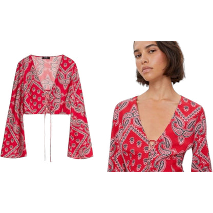 BERSHKA piros bandanna mintás megkötős crop top