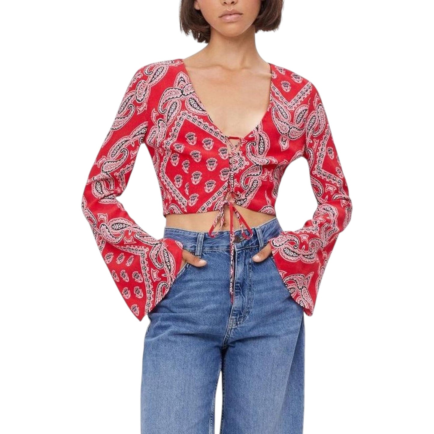 BERSHKA piros bandanna mintás megkötős crop top