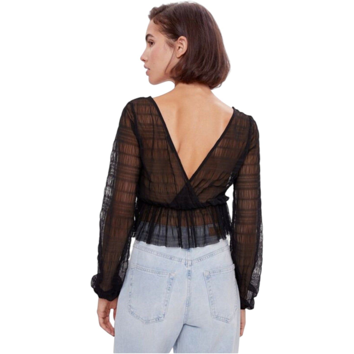 BERSHKA fekete átlapolt áttetsző crop top