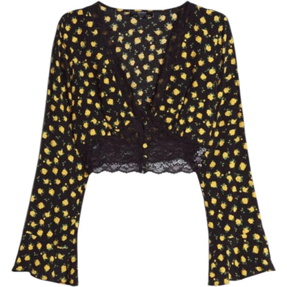 BERSHKA fekete virágos csipkés hosszú ujjú crop top