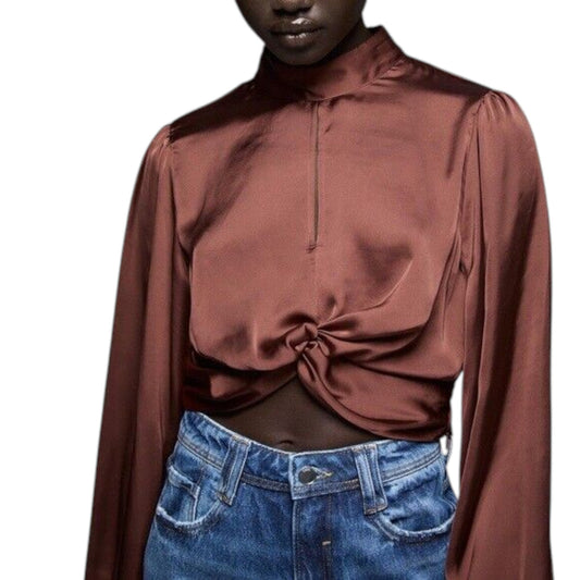 ZARA barna csomózott magas nyakú crop blúz