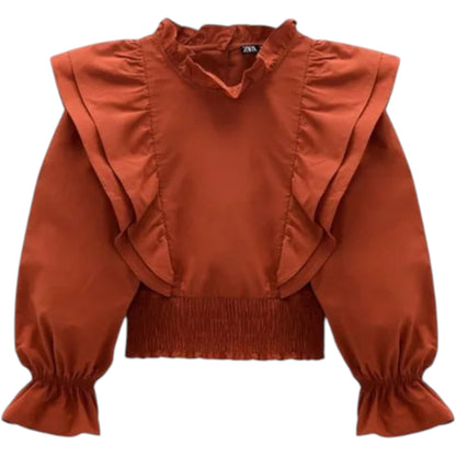 ZARA rozsdabarna fodros magas nyakú crop blúz